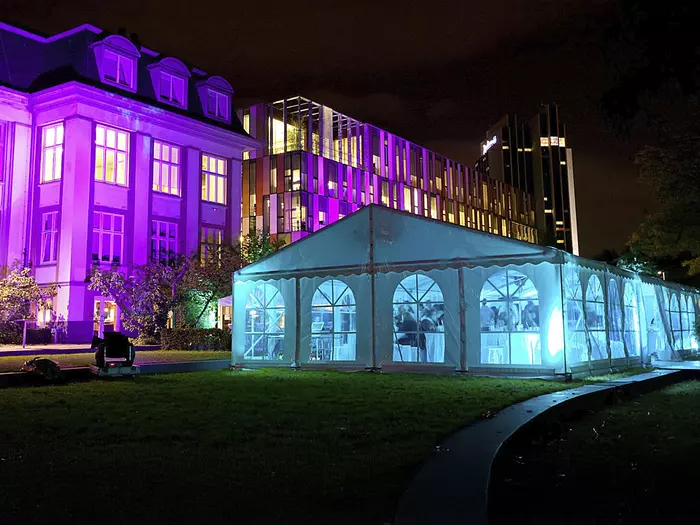Marquee illuminated blue